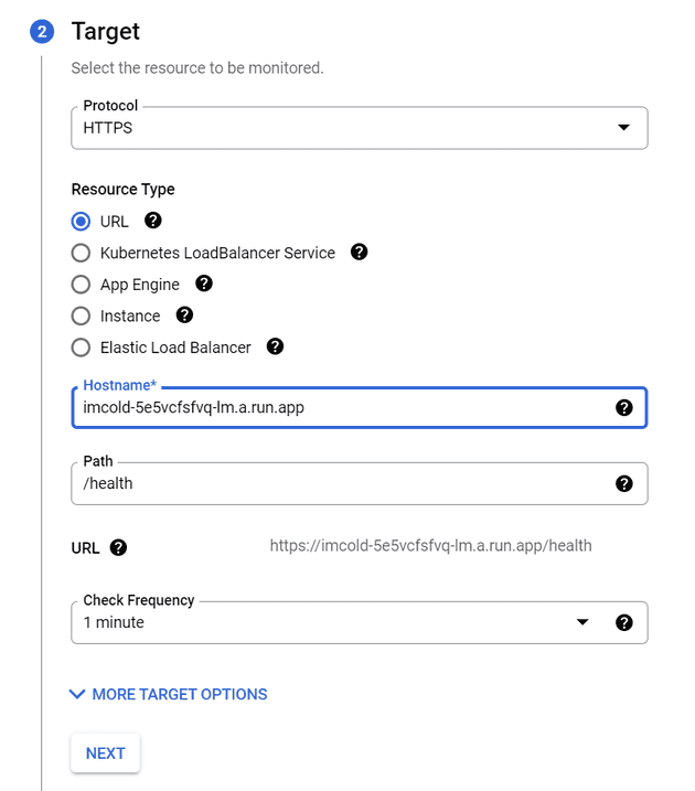 Second step of creating uptime check on GCP Console with configuration of HTTPS endpoint