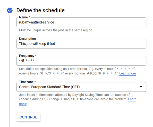 First step of creating GCP Cloud Scheduler with cron tab set to do job every 5 minutes.