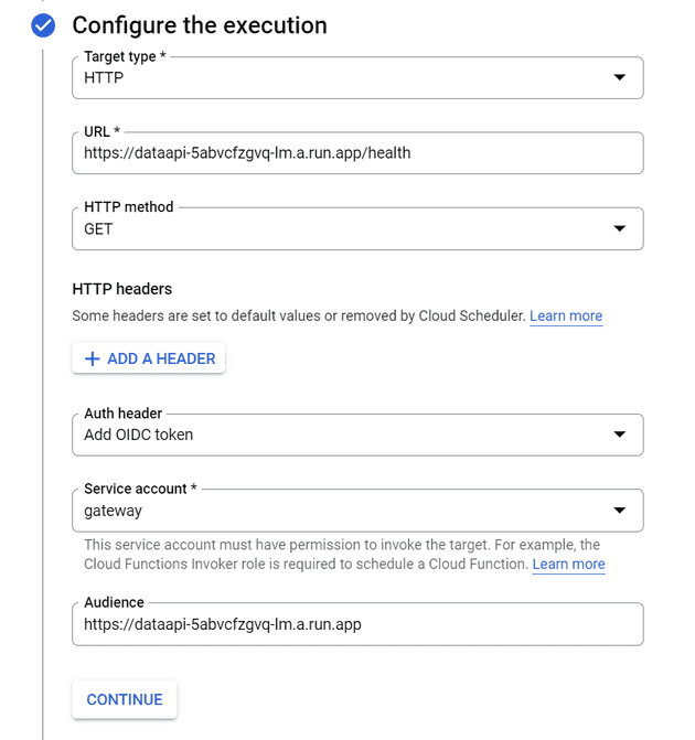 Second step of configuration of Scheduler. URL set and OIDC token.