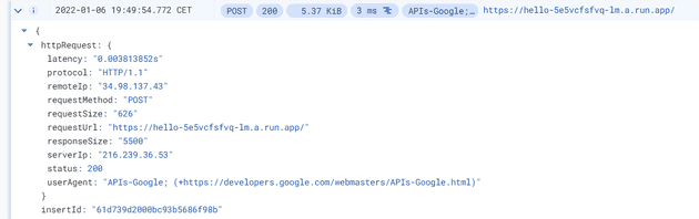 Image showing that request reached Cloud Run service set to internall traffic only